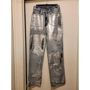NWT Fashion Nova Jeans Womens Size 7 Vintage Wash  Metallic Ripped Edgy